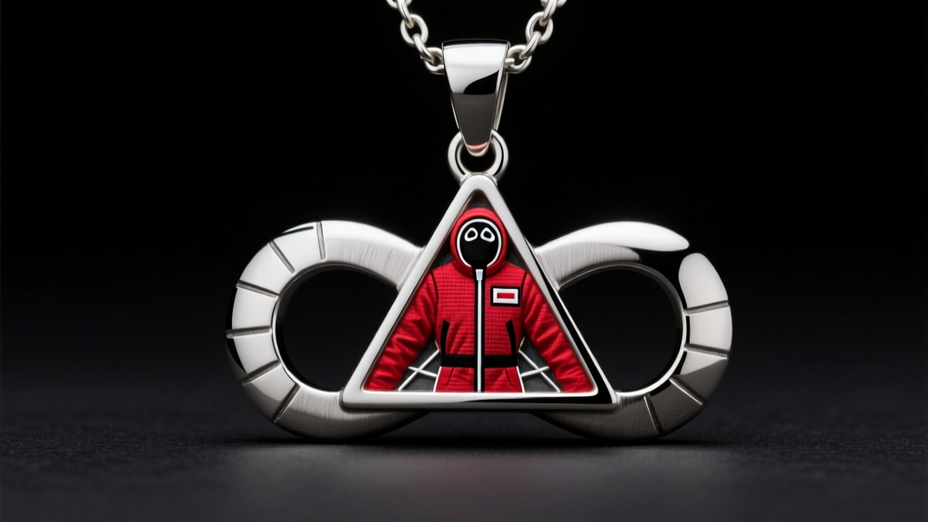 Macro shot of a heavy pendant blending Infinity Gauntlet and Squid Game motifs, cast in brushed steel on a dark studio background
