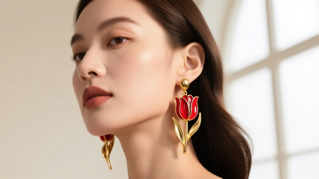 Model wearing 18k gold vermeil tulip drop earrings with vibrant red vitreous enamel petals against a soft neutral studio backdrop