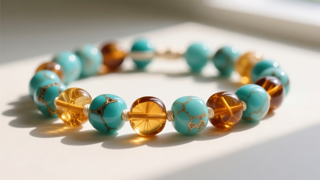 Turquoise and amber nugget beads on silk cord, showing natural matrix inclusions and varying degrees of warm, golden translucency.