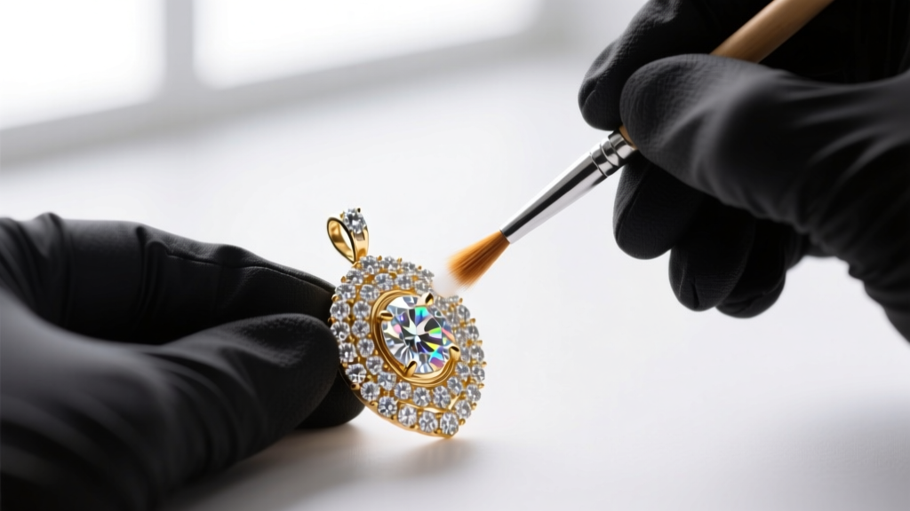 Jeweler using a 0.05mm nylon brush and mild surfactant to clean a complex pave diamond pendant under bright inspection light