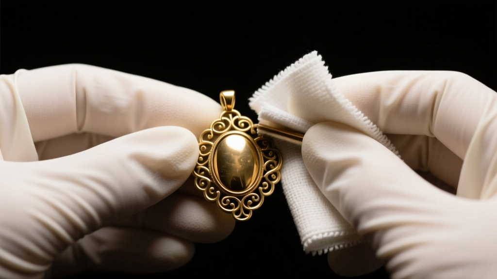 Nitrile gloves holding a microfiber cloth polishing a tarnished brass cosmetic pendant under bright, focused LED task lighting.
