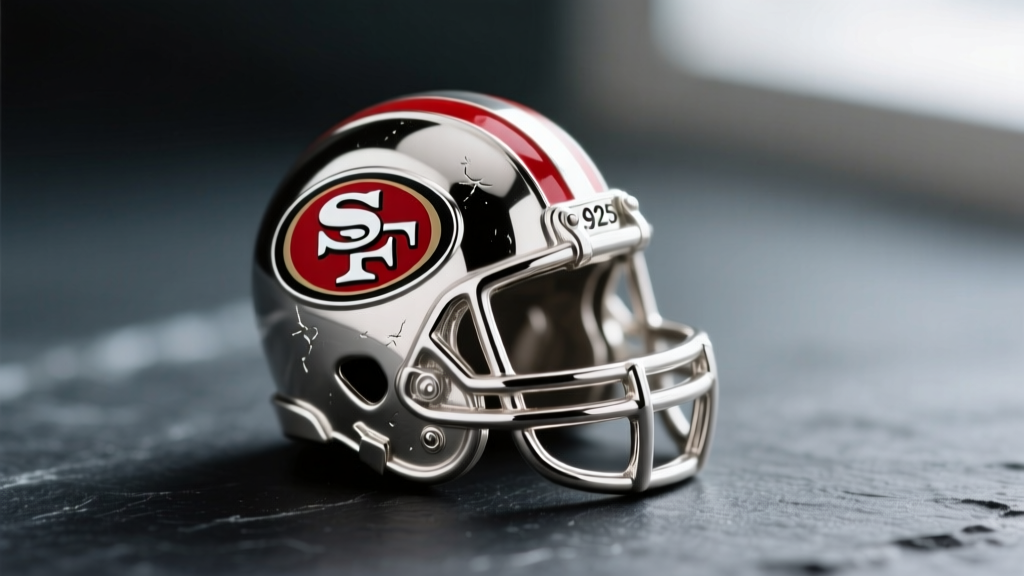 Macro shot of a .925 sterling silver 49ers helmet charm with red cold enamel detailing, shown against a dark slate background.