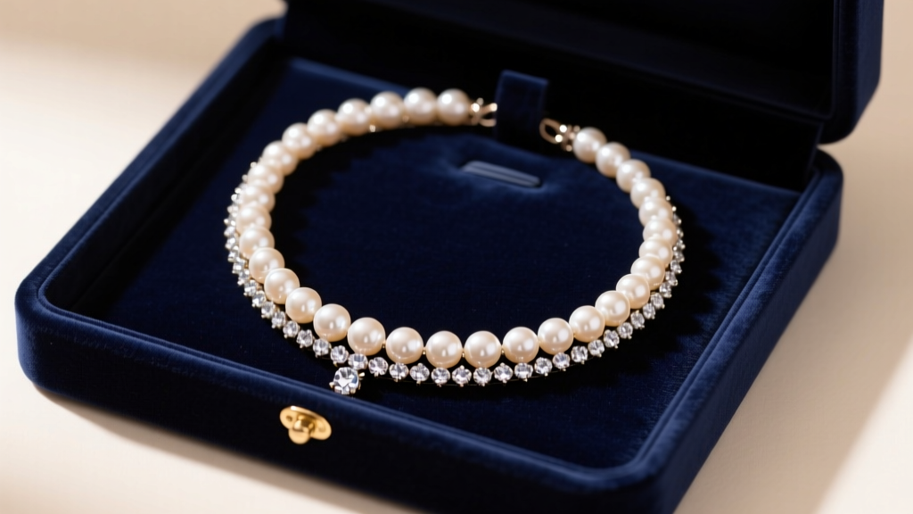 Pearl and rhinestone choker inside a navy box, lit by soft warm studio lighting, captured from a direct top-down camera angle.