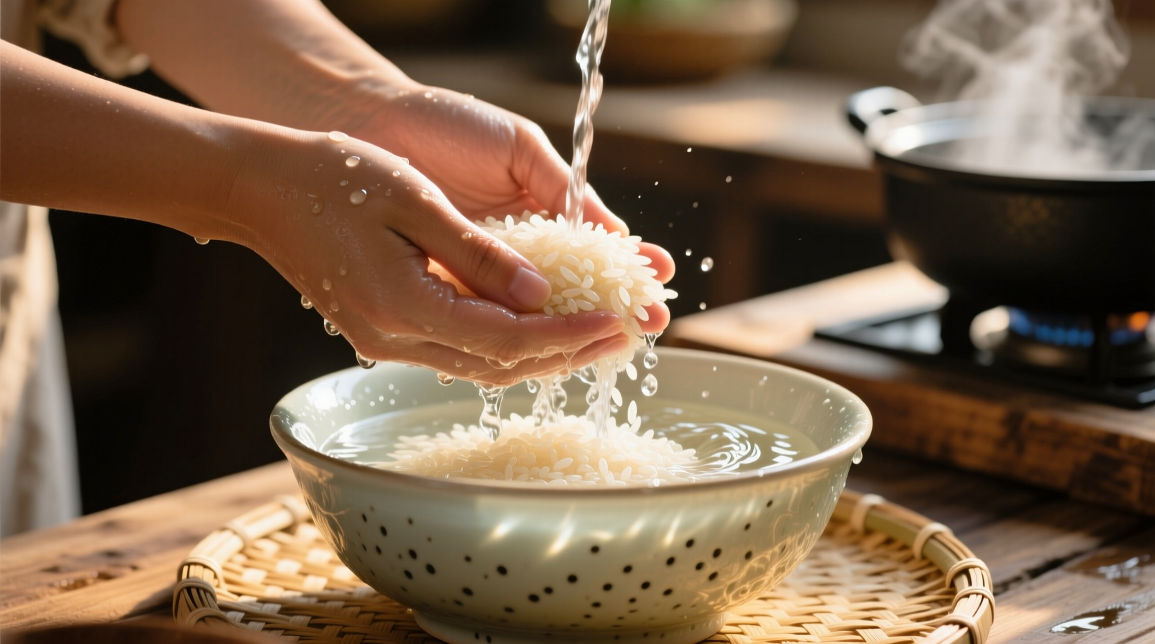 Hands rinsing rice in a bowl with clear water