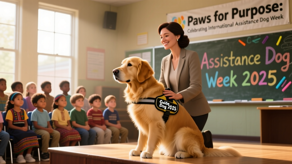 A group of children learning about assistance dogs during a school assembly, with a golden retriever sitting calmly beside its handler