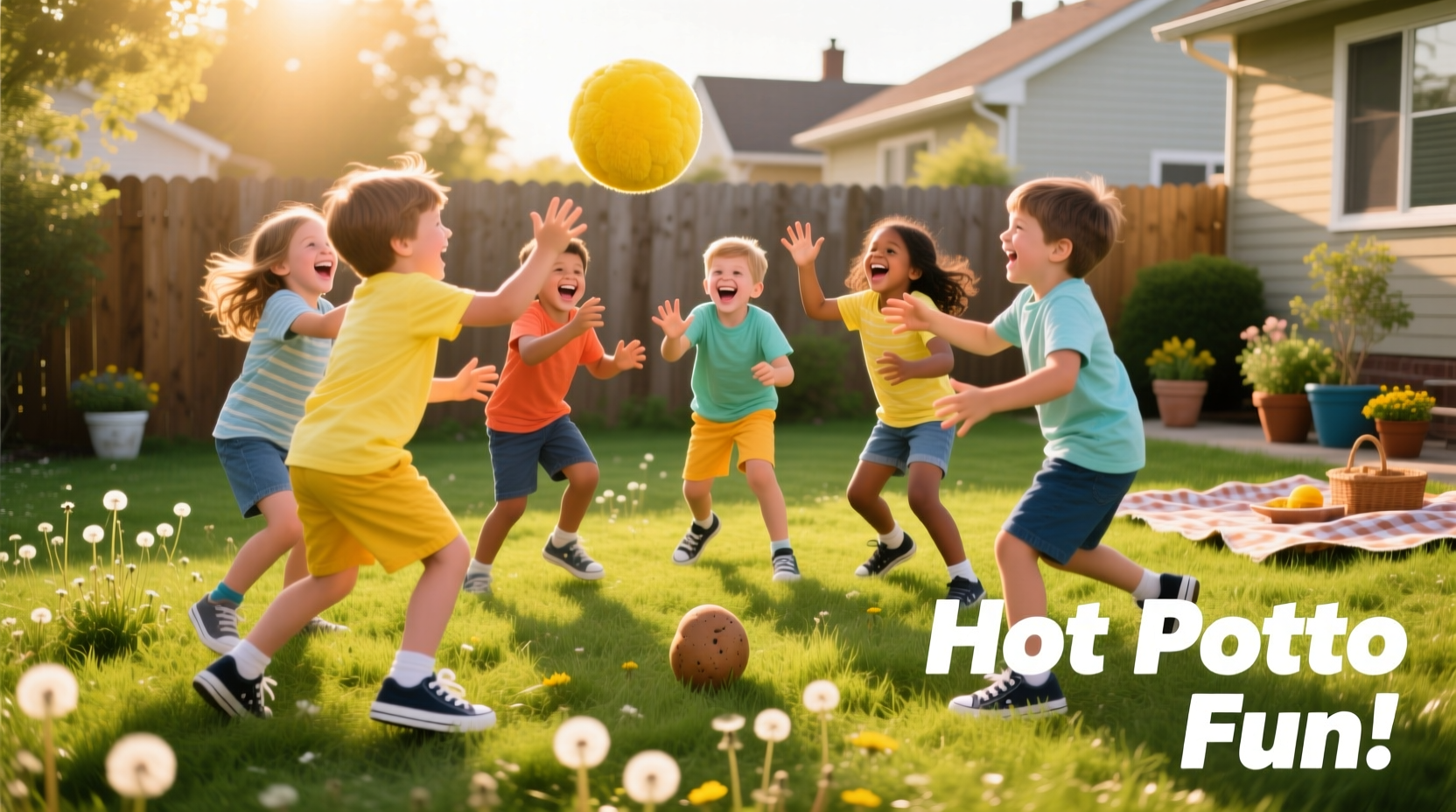 Children playing hot potato game in a circle passing a soft ball