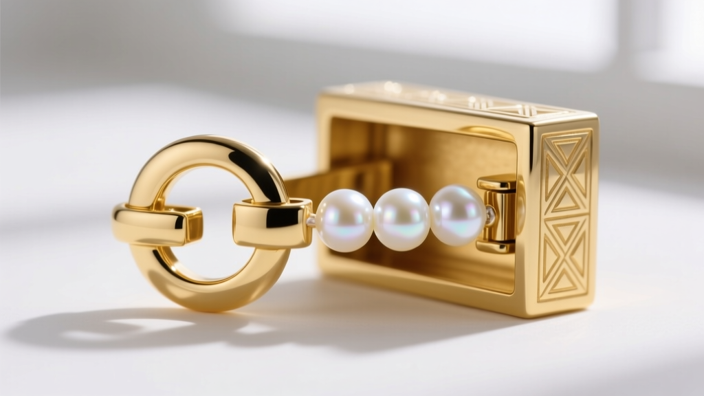 Macro shot of an 18k yellow gold box clasp with a figure-8 safety latch connecting a strand of luminous white Akoya pearls.