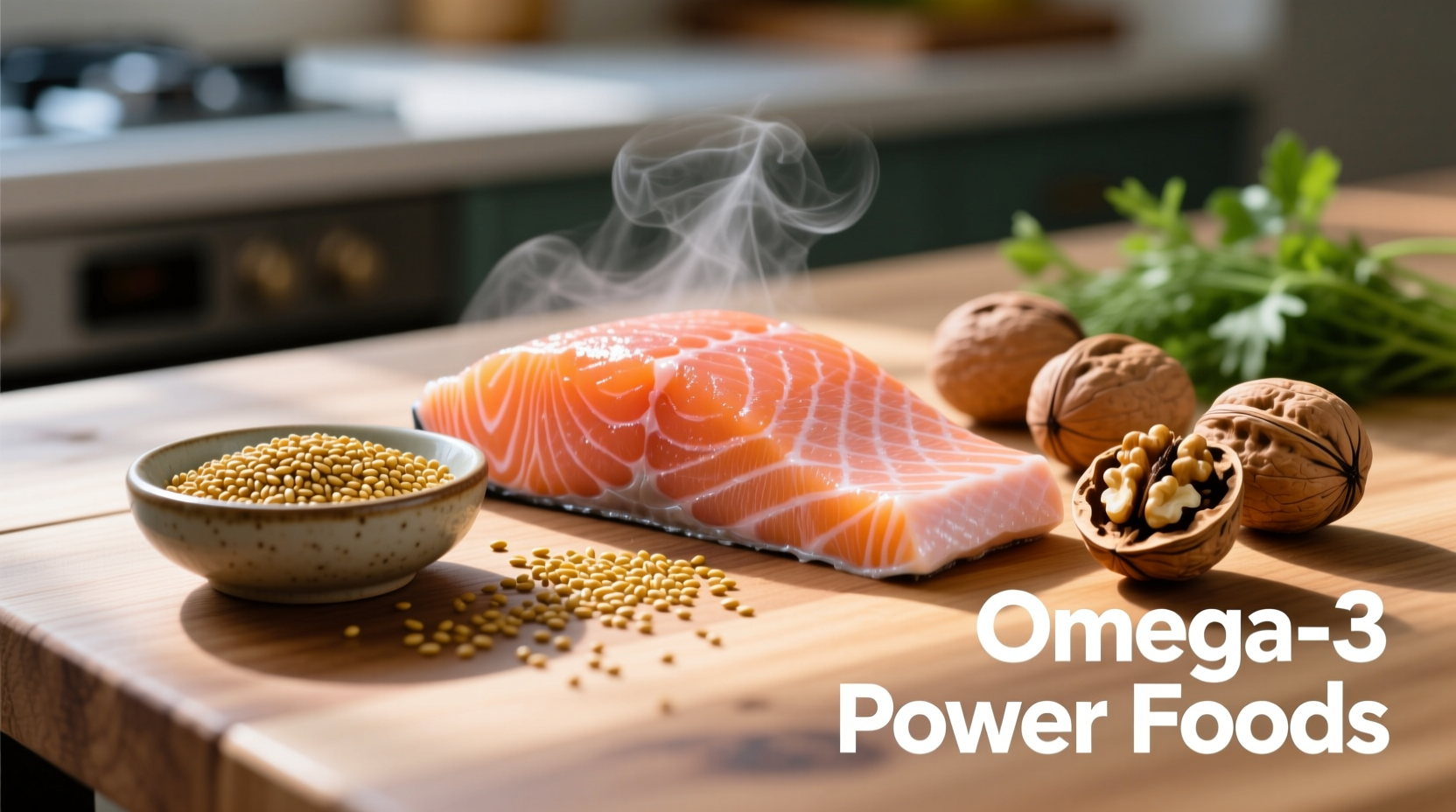 Omega-3 rich foods including salmon, chia seeds, and walnuts