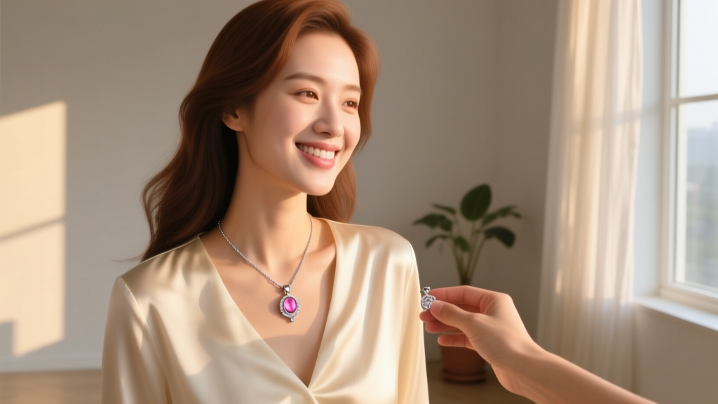 Woman in cream silk blouse receiving a pink and silver pendant necklace gift, warm golden hour sunlight, joyful romantic expression