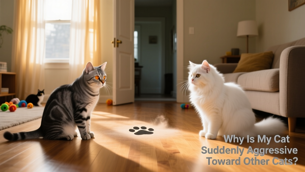 Two cats observing each other cautiously from opposite sides of a room