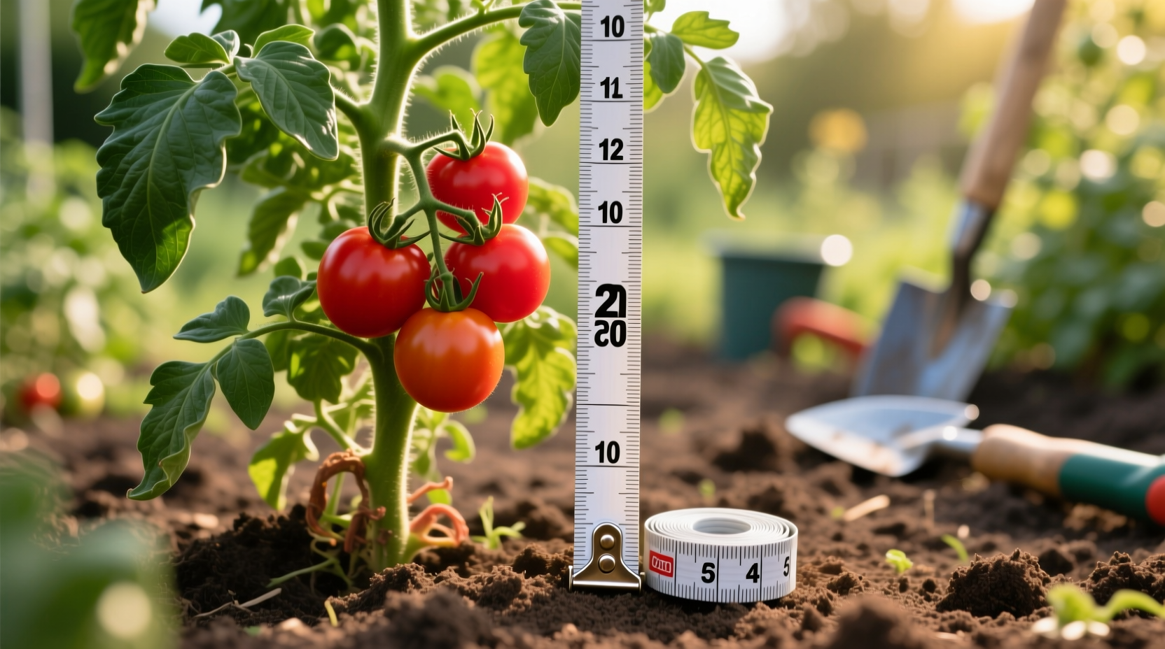 Tomato plant growing in garden with measuring tape showing height