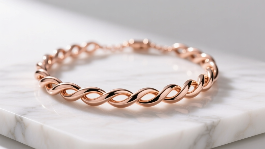 Macro shot of an interlocking tubogas-style rose gold necklace resting on white marble with soft, warm directional lighting.