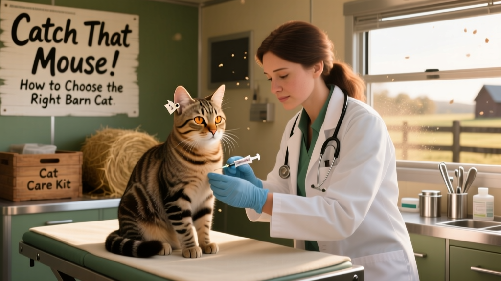 A veterinarian administering a vaccination to a calm barn cat in a mobile clinic setting