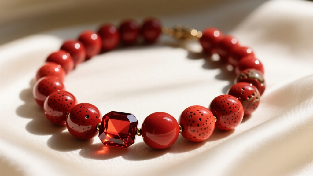 Close-up of a vintage Mediterranean red coral beads necklace on cream silk, highlighting natural surface pitting and high polish.