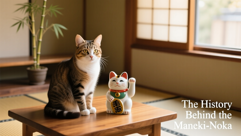 A real domestic cat sitting beside a Maneki-Neko figurine, both looking peacefully toward the camera