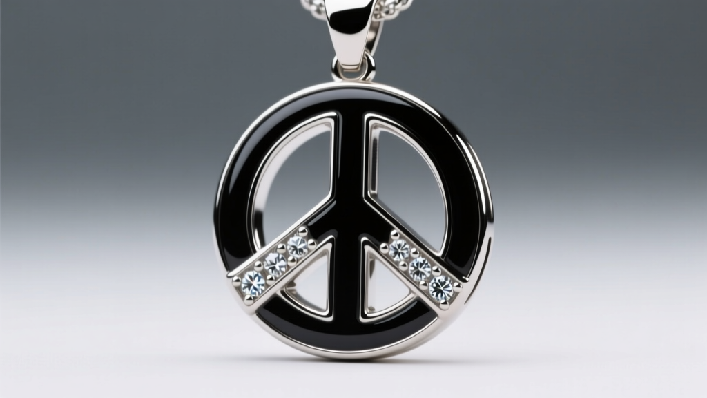 Macro shot of a mixed-metal peace sign pendant with black enamel inlay and small diamond accents under dramatic studio lighting.