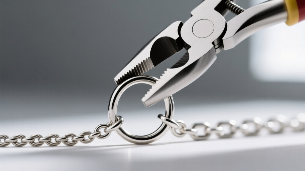 Chain-nose pliers carefully opening a 5mm 20-gauge sterling silver jump ring to attach a new pendant bail to a cable chain