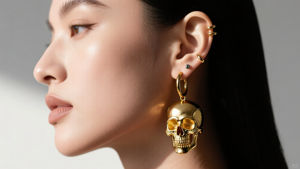 Side profile of a model wearing 16-gauge gold skull drop earrings, highlighting the thick ear wire and supported earlobe.