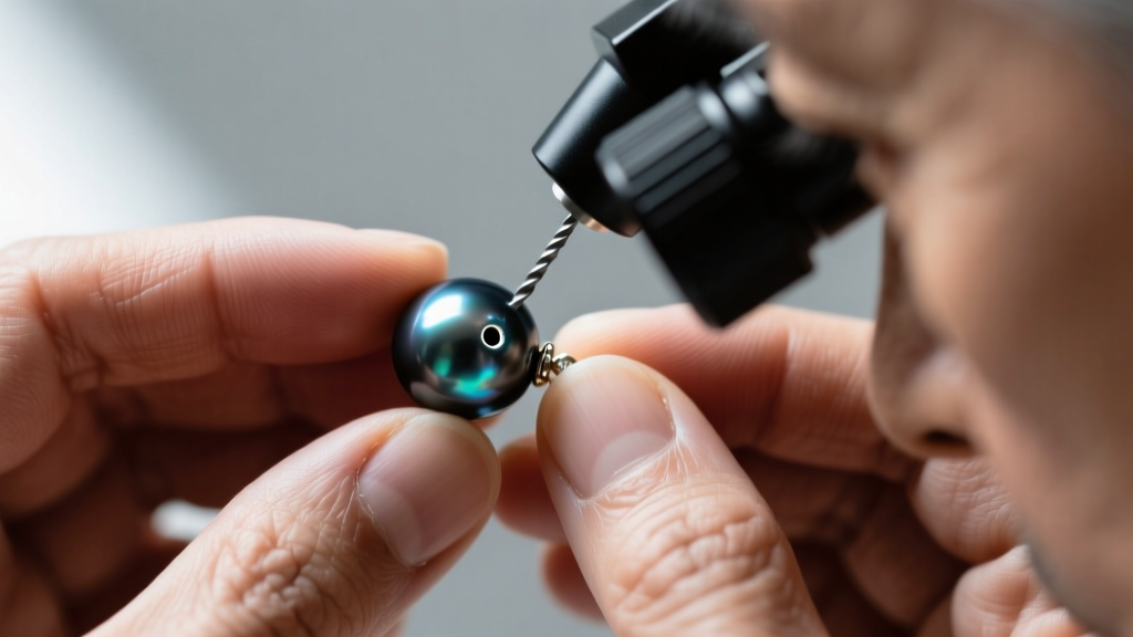 Close-up of a gemologist using a 10x loupe to inspect a Tahitian pearl earring drill hole, checking for nacre thickness and dye