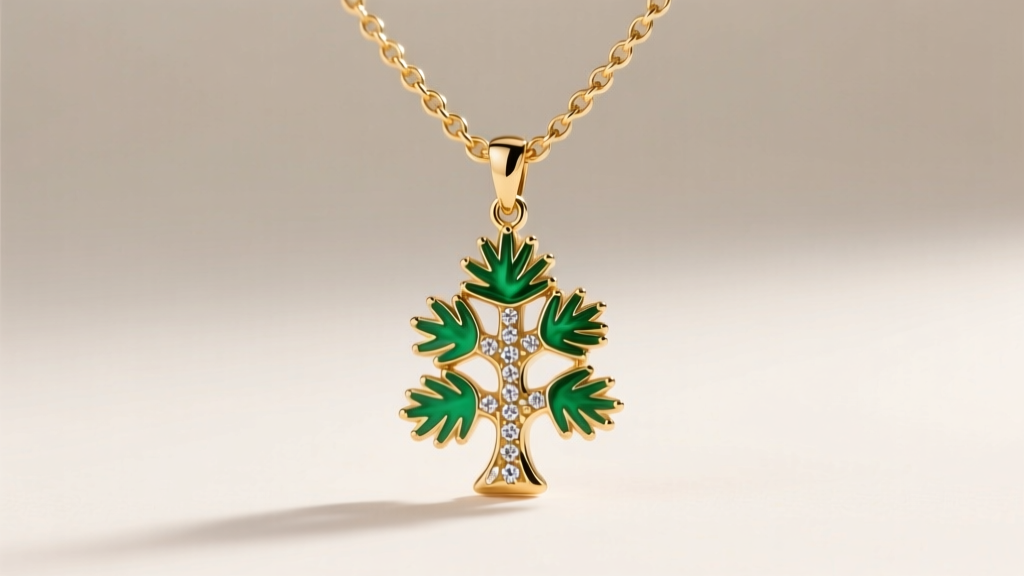 14k gold chain displaying a vitreous enamel pine tree charm with small pavé diamond accents under soft warm studio lighting.