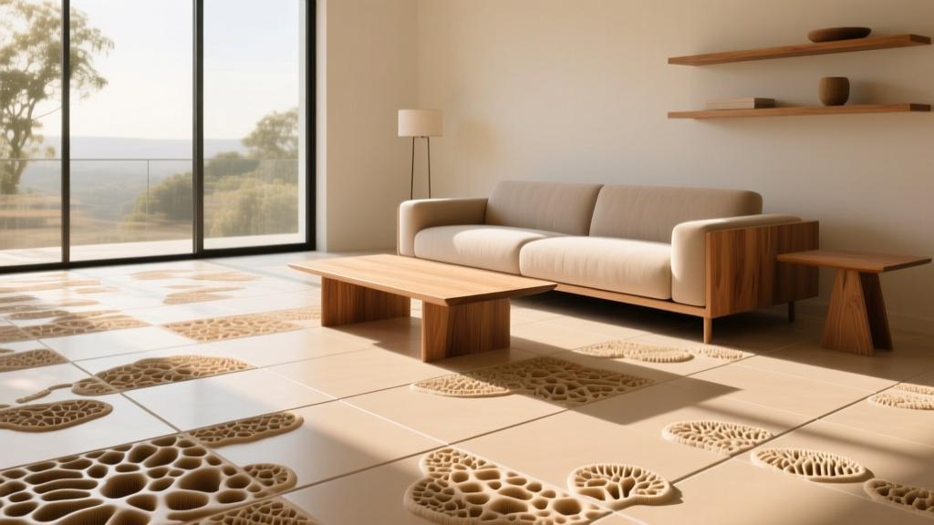 Textured mycelium composite floor tiles in warm beige tones installed in a sunlit modern living room with minimalist oak furniture