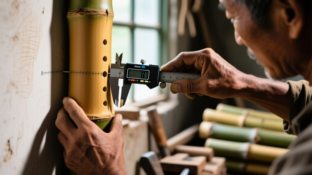 Close-up of a craftsman measuring the wall thickness of a cured Tonkin bamboo culm with digital calipers before drilling precision finger holes for a flute