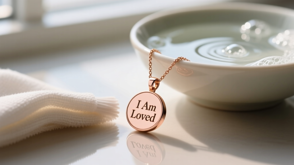 Microfiber cloth polishing a rose gold I Am Loved necklace pendant, with a bowl of mild soapy water blurred in the background.