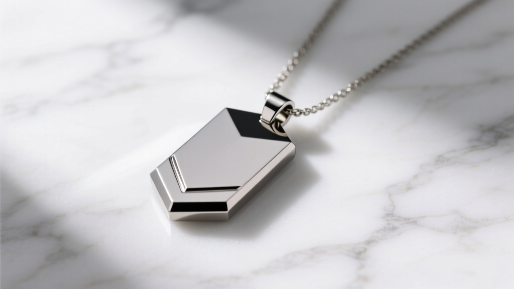 Sleek titanium cooler necklace pendant on white marble, highlighting smooth edges and a modern wearable tech design aesthetic.