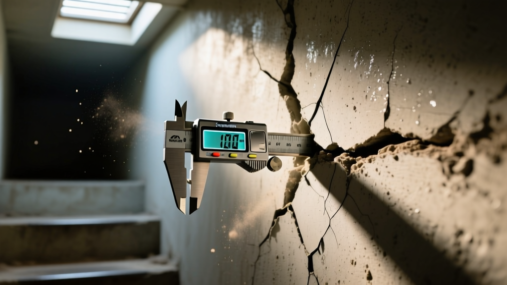 Close-up of a diagonal stair-step crack in a concrete stem wall being measured with a digital caliper in a San Leandro residential crawlspace