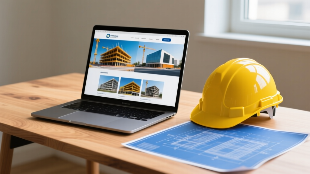 Laptop displaying a construction company website with project portfolios on a wooden desk next to a yellow hard hat and blueprints