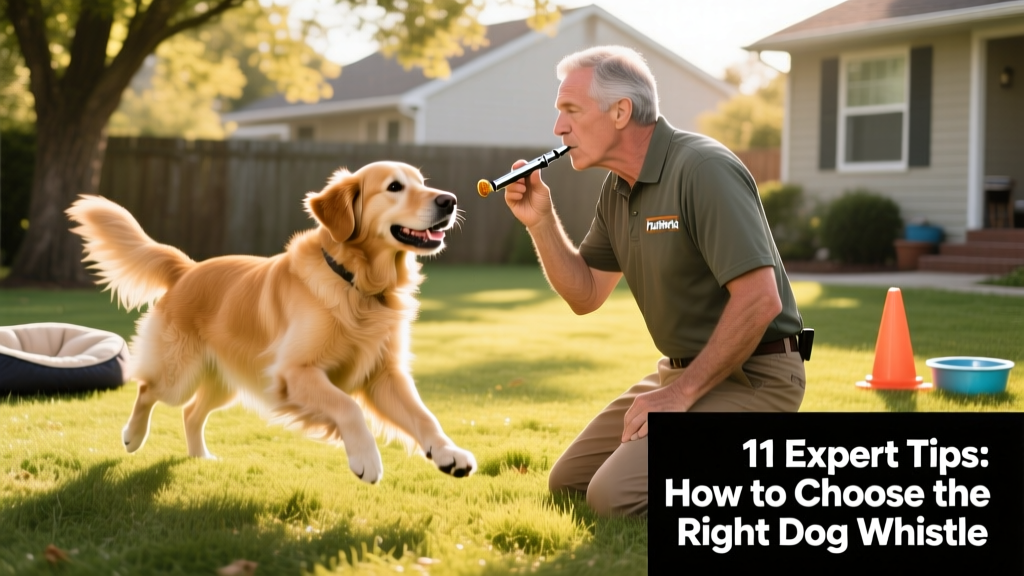 Trainer kneeling beside a Golden Retriever mid-recall, blowing a FurPetVo whistle while offering a treat