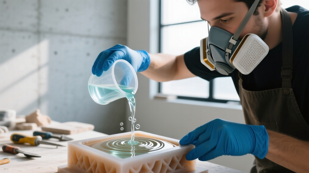 Crafter wearing a half-mask organic vapor respirator and blue nitrile gloves while pouring clear resin into a small silicone mold