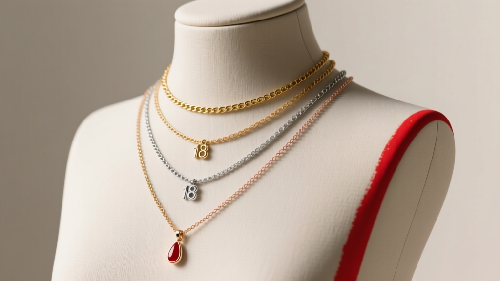 Printed visual chart displaying five distinct necklace lengths on a mannequin bust, highlighting the 18-inch drop in red ink.