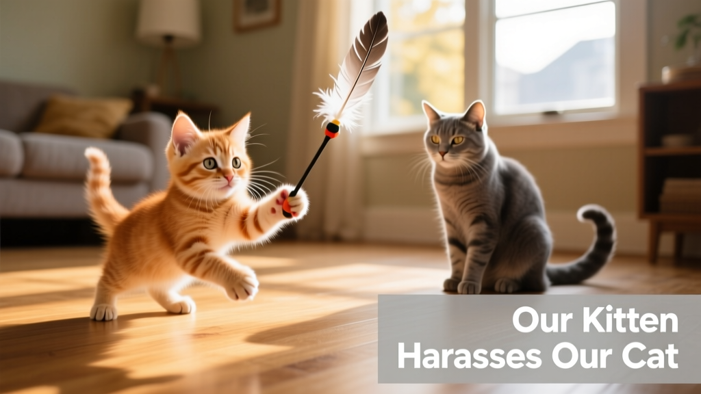 A playful kitten pouncing on a feather wand toy while an older cat watches from a distance