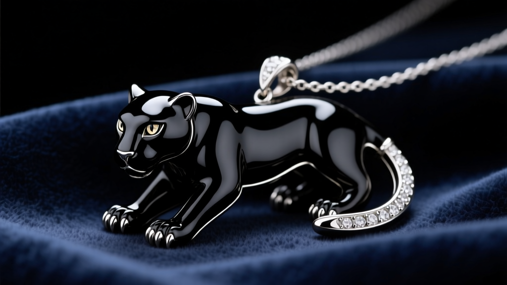 Macro shot of a detailed black panther pendant necklace with glossy black enamel and silver accents resting on dark velvet fabric