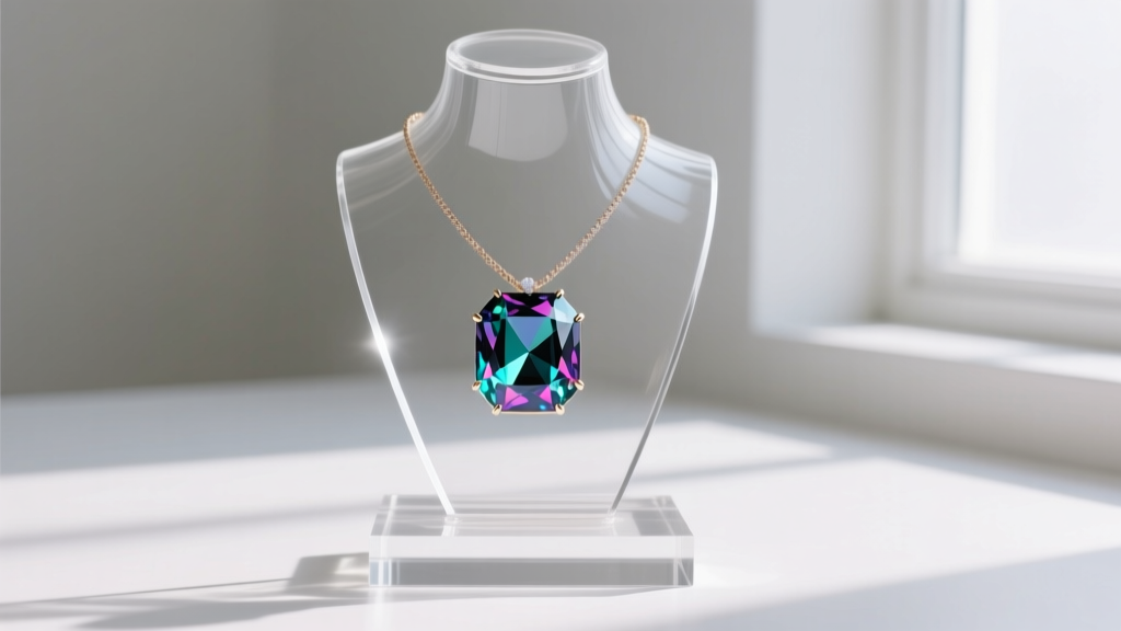 Heavy weighted clear acrylic base of a transparent mannequin necklace holder supporting a chunky gemstone statement piece