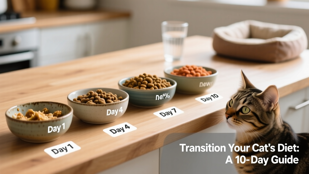 Side-by-side bowls showing progression: mostly old food (day 1), half-and-half (day 4), mostly new food (day 7), and 100% new food (day 10)