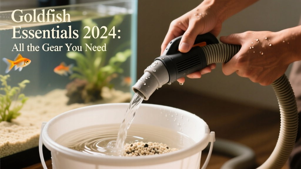 Close-up of hands using a gravel vacuum during a water change, with clean water flowing into a bucket and visible debris being removed from light-colored substrate