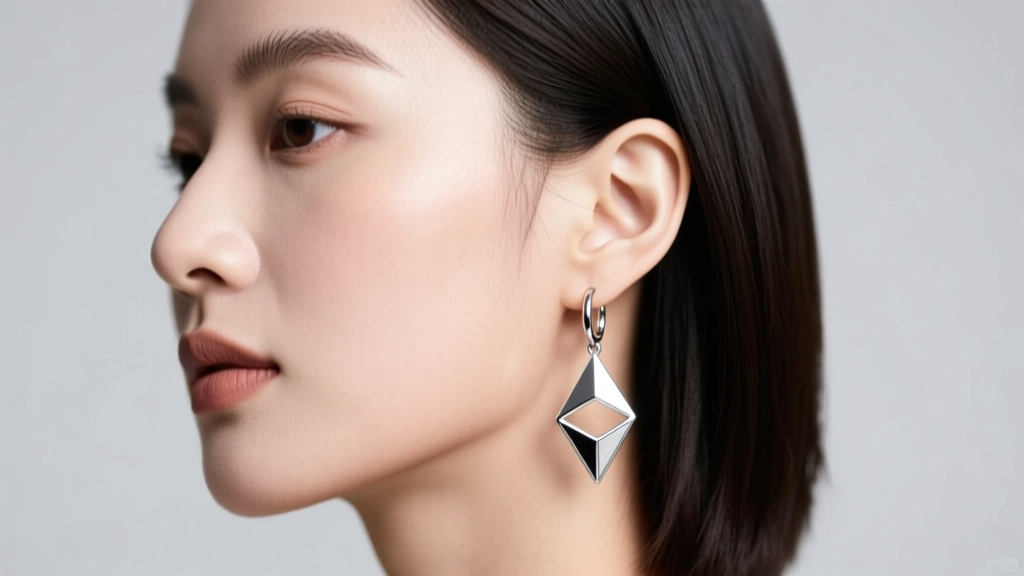 Side profile of a round face wearing narrow silver hoop dangle earrings with geometric drops, lit by soft diffused studio lighting.