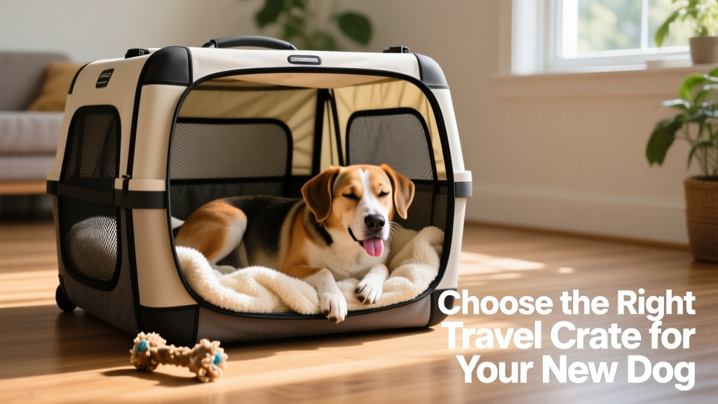 A relaxed dog resting inside a well-padded, open travel crate with a cozy blanket and chew toy nearby
