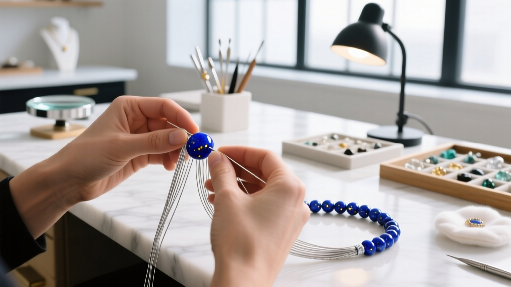 Hands threading a vibrant lapis lazuli bead onto silver 49-strand beading wire in a bright, organized jewelry studio workspace.