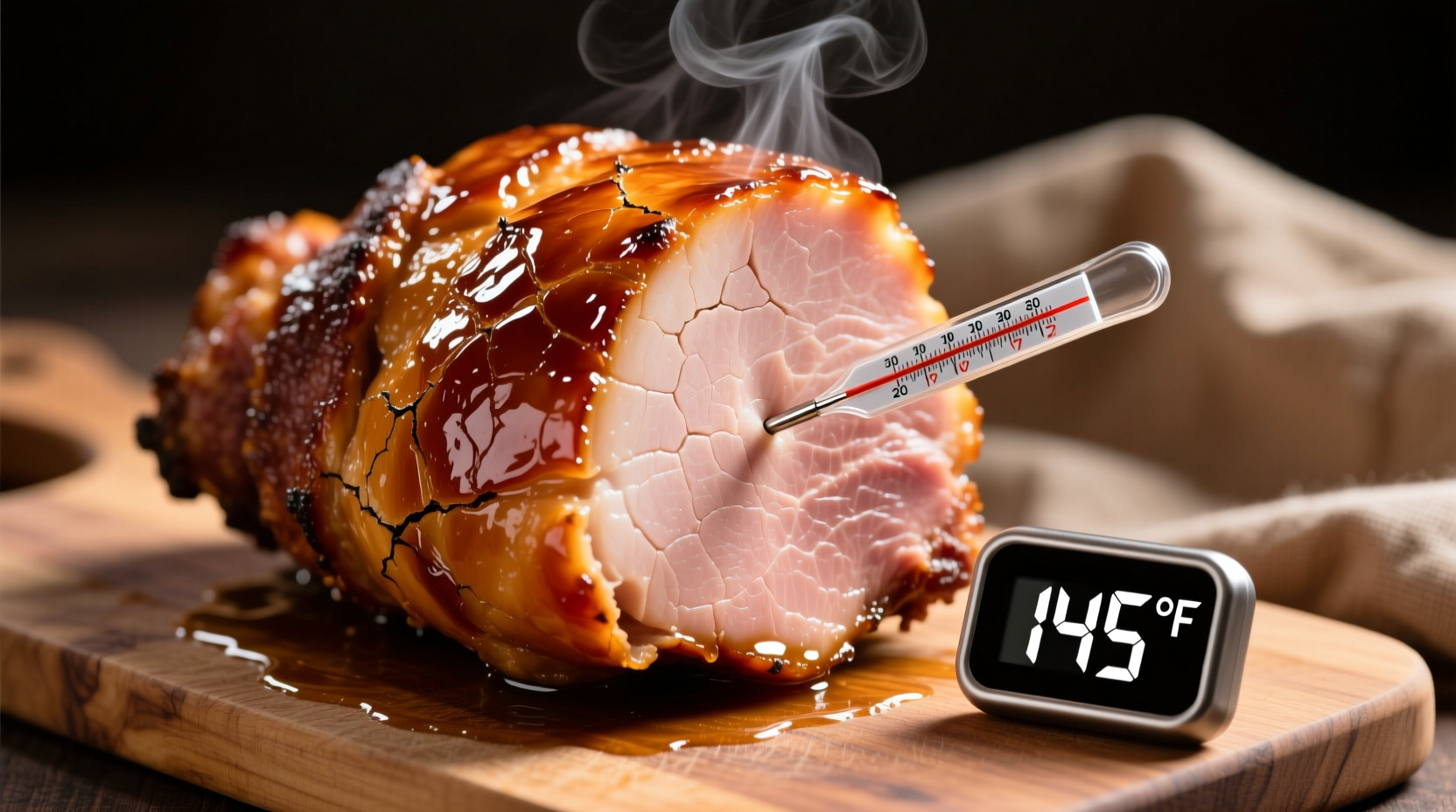 Perfectly glazed baked ham with thermometer showing internal temperature