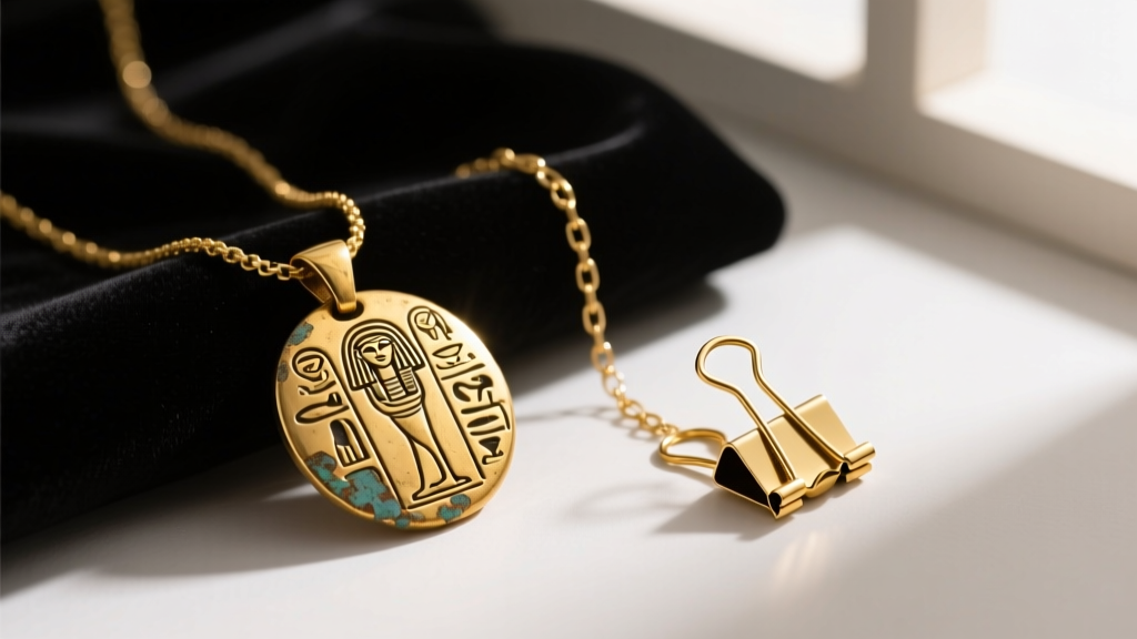 Flat lay of an ancient gold amulet necklace resting next to a modern 14k solid gold paperclip chain on dark velvet, softly lit