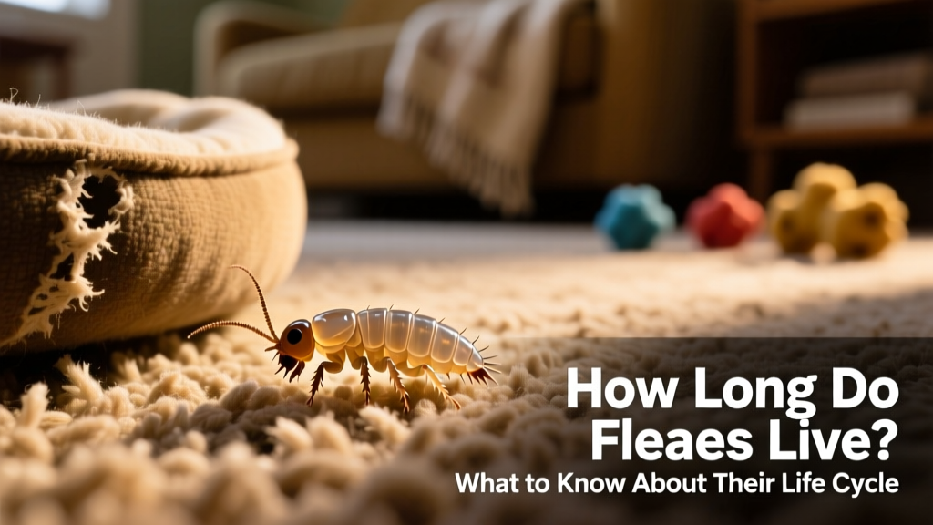 Close-up of flea larvae crawling on textured carpet fibers near pet bedding