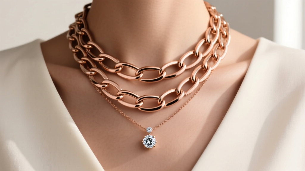 Editorial shot of layered necklaces featuring a 12mm rose gold big link chain paired with a delicate diamond pendant on a v-neck
