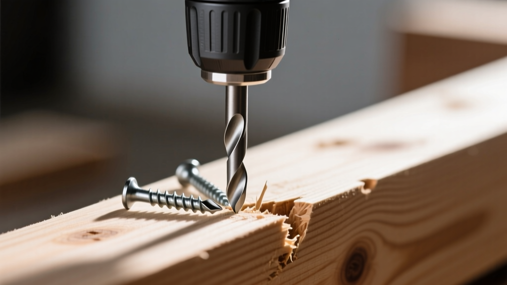 Close-up of heavy-duty structural wood screws with Torx drives being driven into thick engineered lumber beams with a high-torque drill