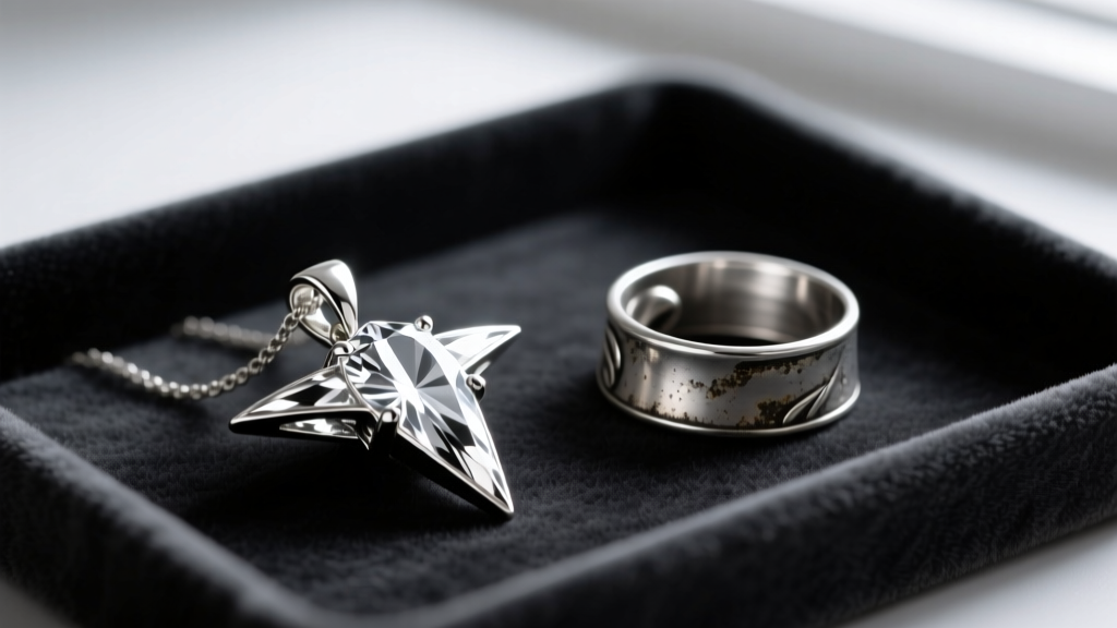 Macro shot of a polished platinum Evenstar pendant and a tarnished sterling silver replica side-by-side on a dark velvet tray.