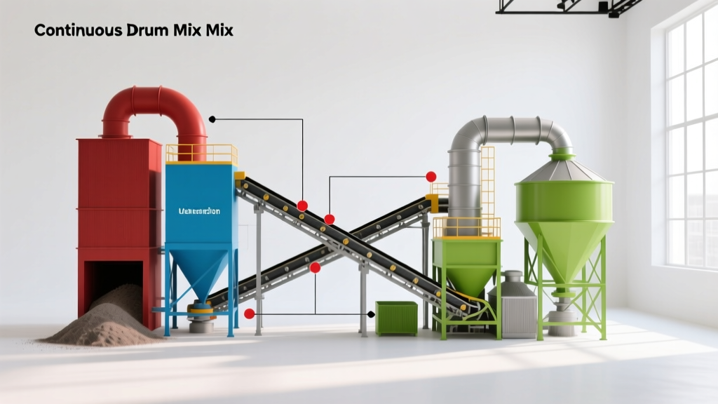 Side-by-side schematic diagram comparing the material flow and dust collection points of a batch asphalt plant and a continuous drum mix plant
