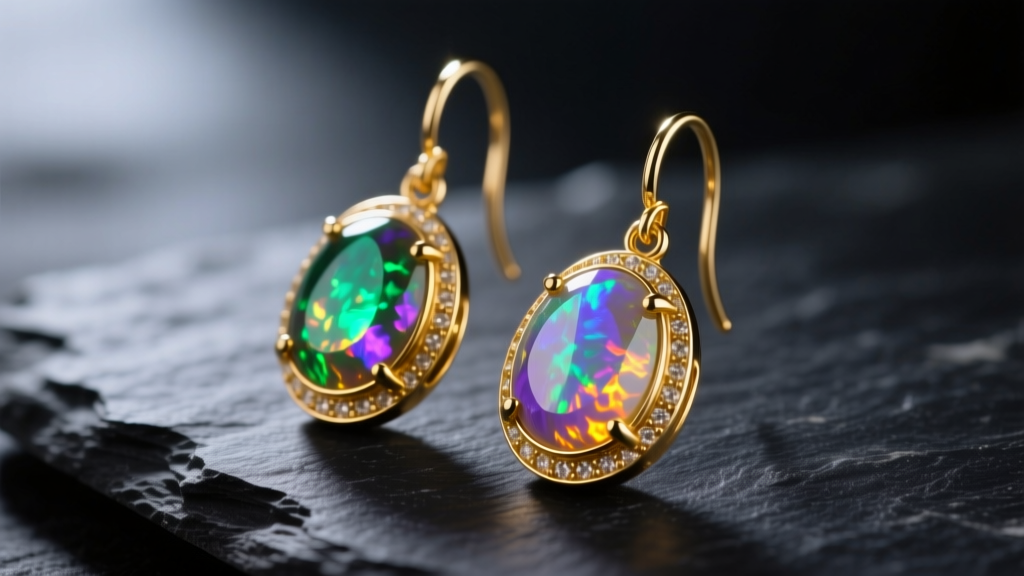 Close-up of gold drop earrings with glowing Ethiopian opal cabochons resting on dark slate under soft directional lighting.
