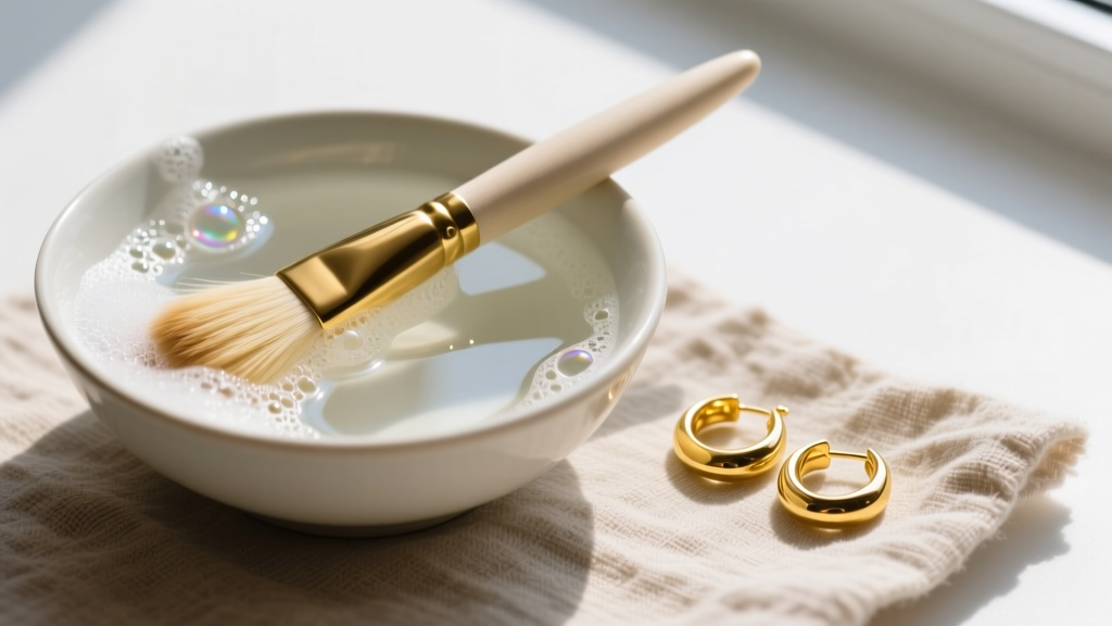Overhead view of a ceramic bowl with soapy water, a soft brush, and 18k yellow gold hoop earrings on a natural linen cloth